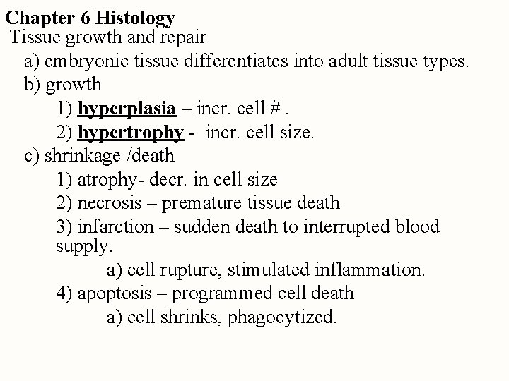 Chapter 6 Histology Tissue growth and repair a) embryonic tissue differentiates into adult tissue