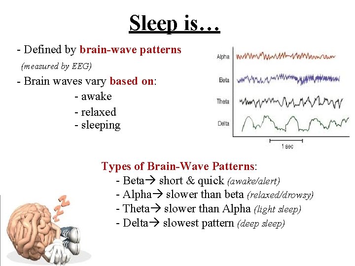 Sleep is… - Defined by brain-wave patterns (measured by EEG) - Brain waves vary