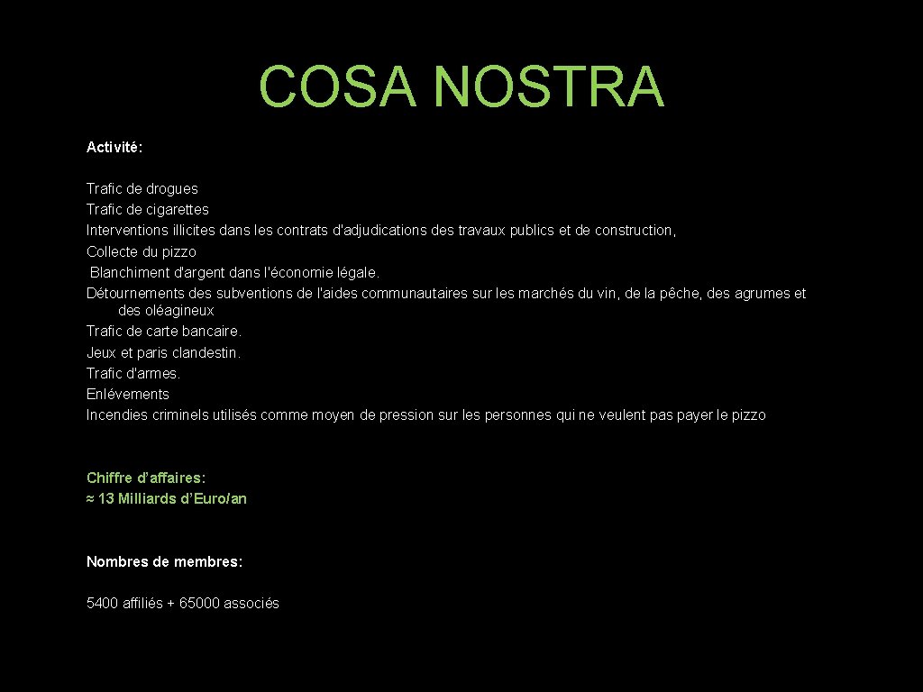 COSA NOSTRA Activité: Trafic de drogues Trafic de cigarettes Interventions illicites dans les contrats COSA NOSTRA Activité: Trafic de drogues Trafic de cigarettes Interventions illicites dans les contrats