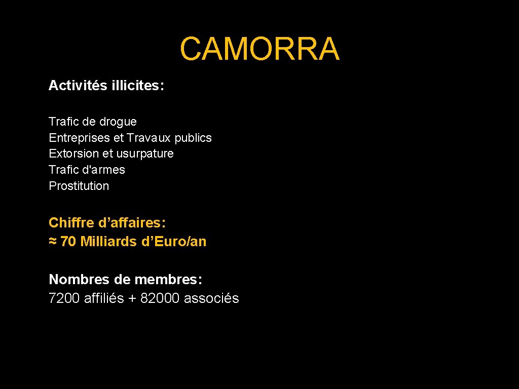 CAMORRA Activités illicites: Trafic de drogue Entreprises et Travaux publics Extorsion et usurpature Trafic CAMORRA Activités illicites: Trafic de drogue Entreprises et Travaux publics Extorsion et usurpature Trafic