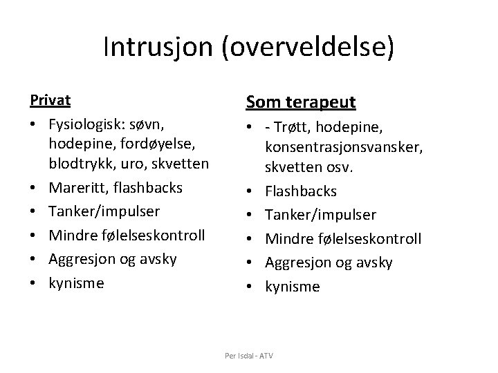 Intrusjon (overveldelse) Privat • Fysiologisk: søvn, hodepine, fordøyelse, blodtrykk, uro, skvetten • Mareritt, flashbacks