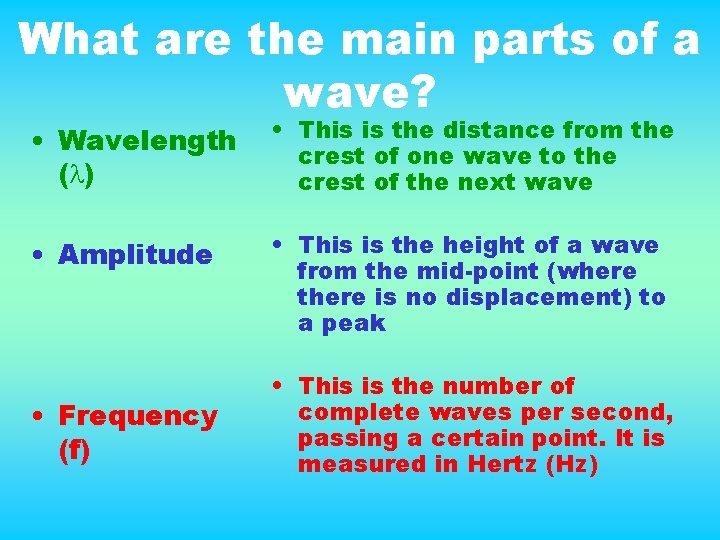 What are the main parts of a wave? • Wavelength ( ) • This