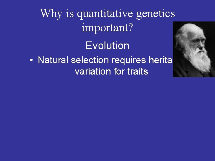 Why is quantitative genetics important? Evolution • Natural selection requires heritable variation for traits