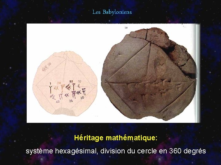 Les Babyloniens Héritage mathématique: système hexagésimal, division du cercle en 360 degrés 