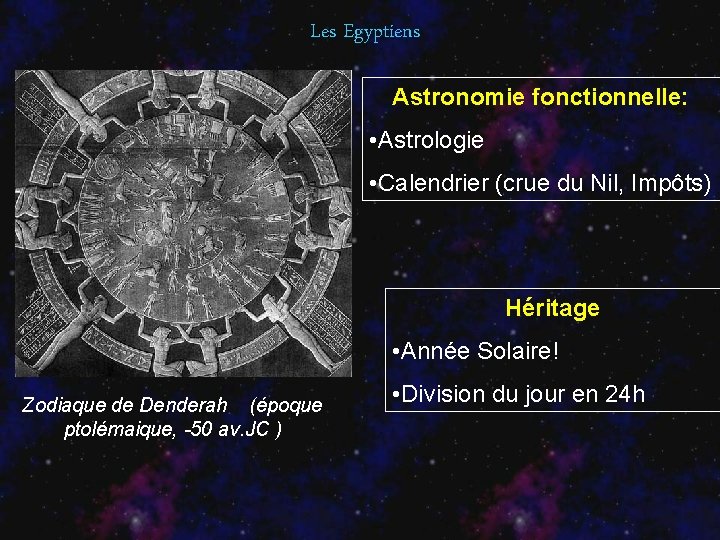 Les Egyptiens Astronomie fonctionnelle: • Astrologie • Calendrier (crue du Nil, Impôts) Héritage •