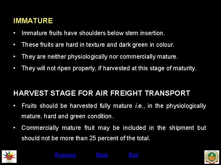 IMMATURE • Immature fruits have shoulders below stem insertion. • These fruits are hard
