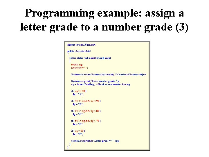 Programming example: assign a letter grade to a number grade (3) 