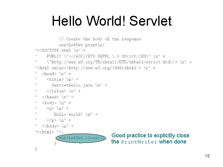 Hello World! Servlet Good practice to explicitly close the Print. Writer when done 15