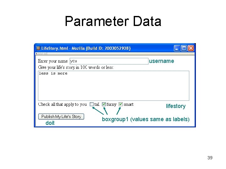 Parameter Data username lifestory doit boxgroup 1 (values same as labels) 39 