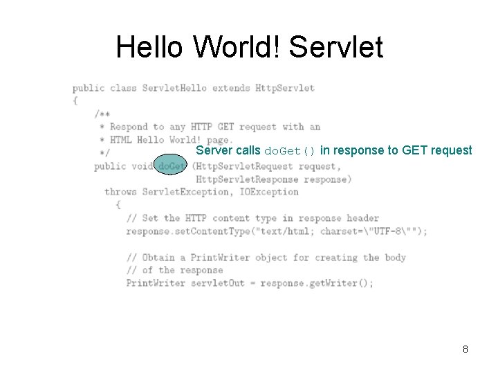 Hello World! Servlet Server calls do. Get() in response to GET request 8 