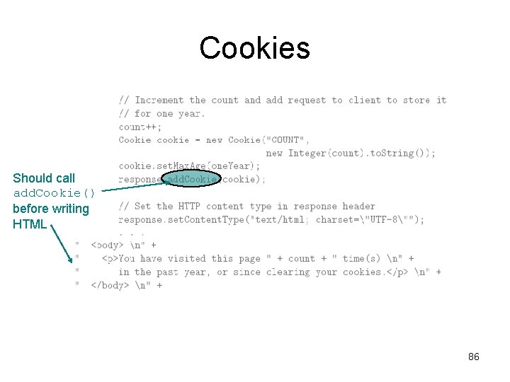 Cookies Should call add. Cookie() before writing HTML 86 