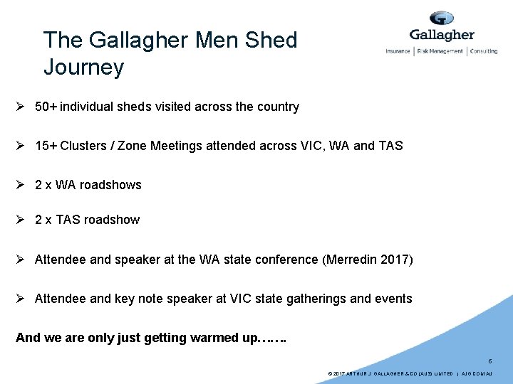 The Gallagher Men Shed Journey Ø 50+ individual sheds visited across the country Ø