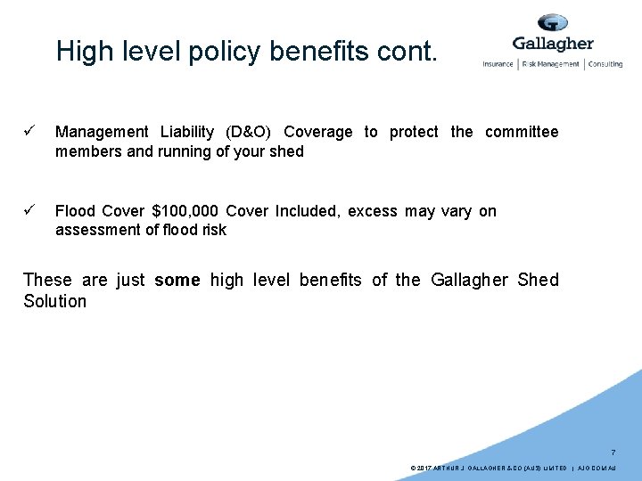 High level policy benefits cont. ü Management Liability (D&O) Coverage to protect the committee