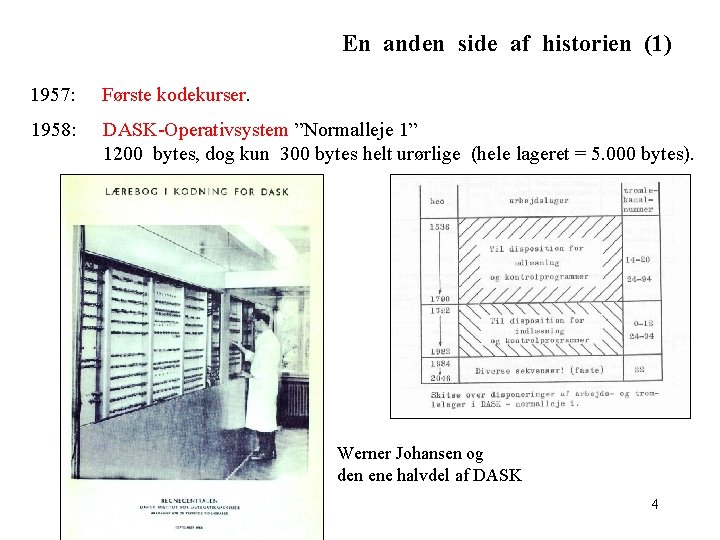 En anden side af historien (1) 1957: Første kodekurser. 1958: DASK-Operativsystem ”Normalleje 1” 1200