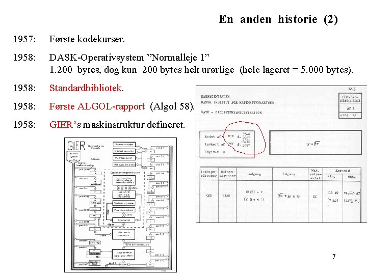 En anden historie (2) 1957: Første kodekurser. 1958: DASK-Operativsystem ”Normalleje 1” 1. 200 bytes,
