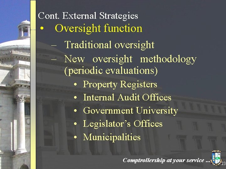 Cont. External Strategies • Oversight function – Traditional oversight – New oversight methodology (periodic