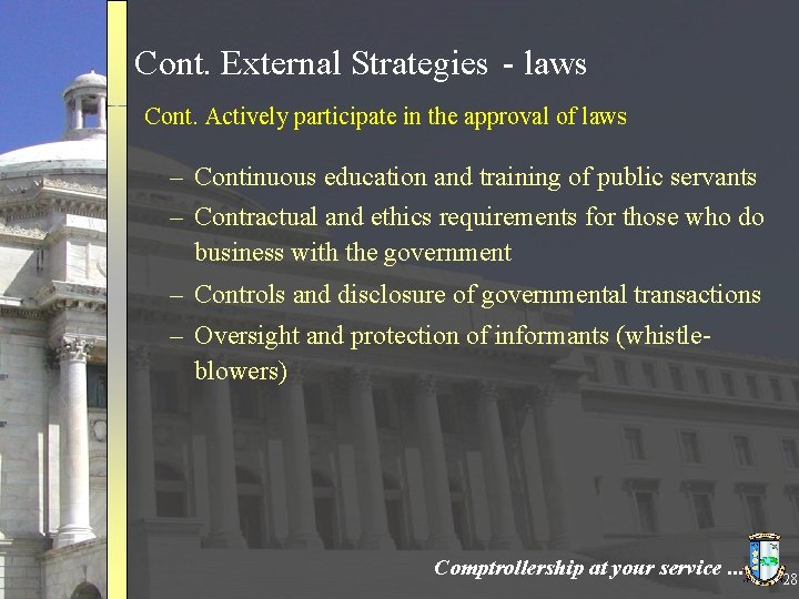 Cont. External Strategies - laws Cont. Actively participate in the approval of laws –