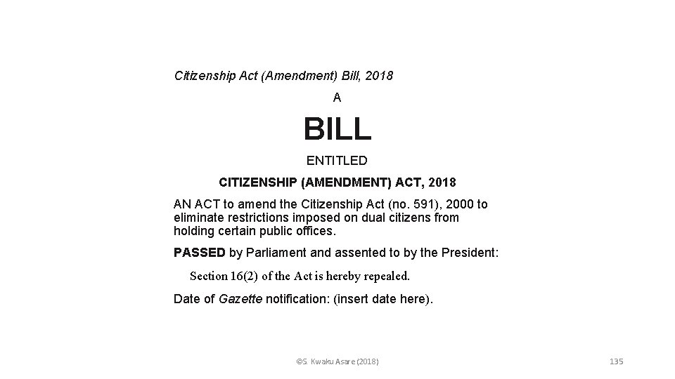 Citizenship Act (Amendment) Bill, 2018 A BILL ENTITLED CITIZENSHIP (AMENDMENT) ACT, 2018 AN ACT