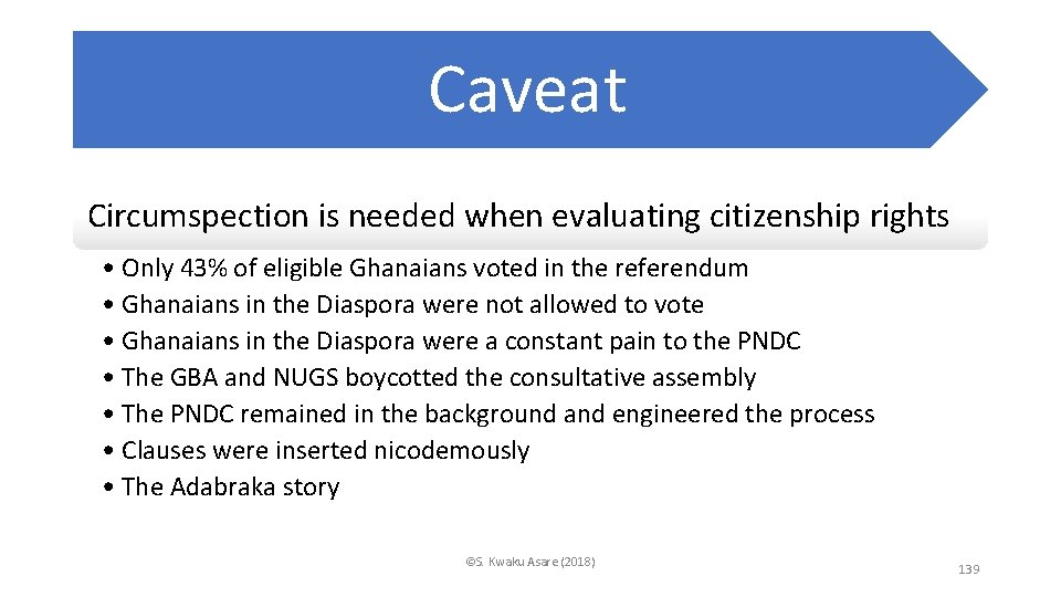 Caveat Circumspection is needed when evaluating citizenship rights • Only 43% of eligible Ghanaians