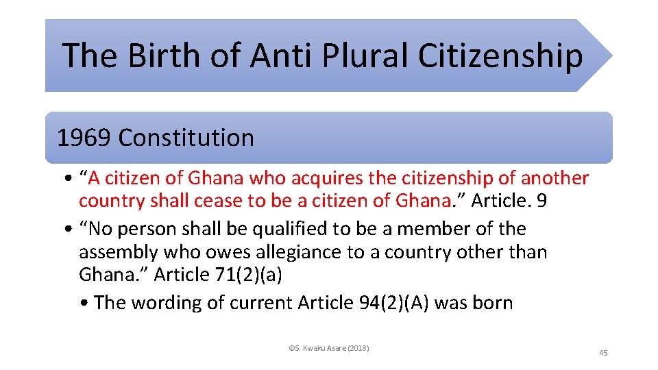 The Birth of Anti Plural Citizenship 1969 Constitution • “A citizen of Ghana who