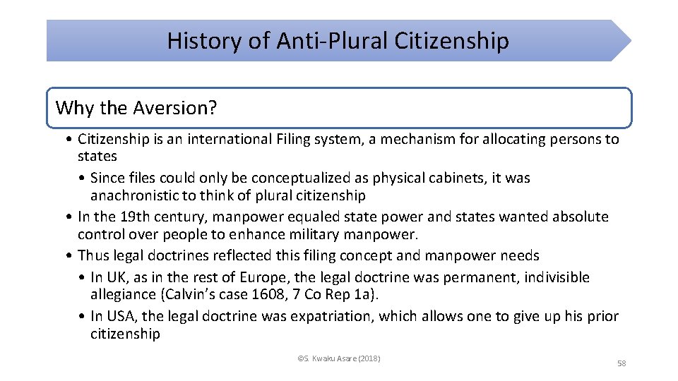 History of Anti-Plural Citizenship Why the Aversion? • Citizenship is an international Filing system,