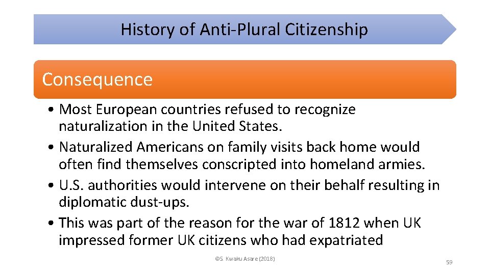 History of Anti-Plural Citizenship Consequence • Most European countries refused to recognize naturalization in