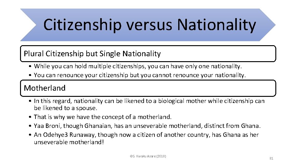 Citizenship versus Nationality Plural Citizenship but Single Nationality • While you can hold multiple