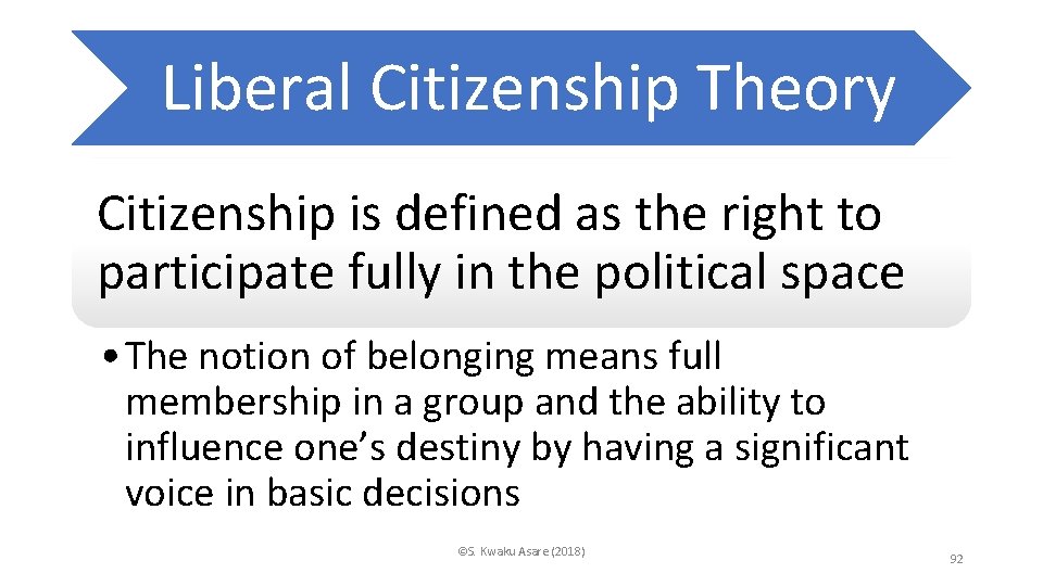 Liberal Citizenship Theory Citizenship is defined as the right to participate fully in the