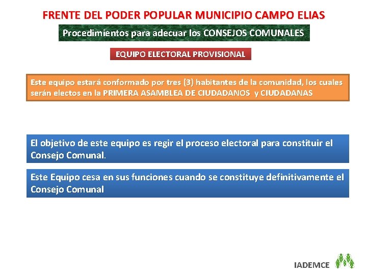 FRENTE DEL PODER POPULAR MUNICIPIO CAMPO ELIAS Procedimientos para adecuar los CONSEJOS COMUNALES EQUIPO