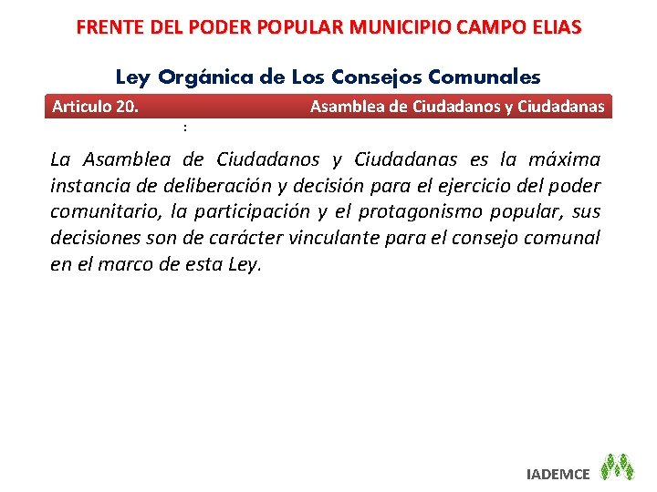 FRENTE DEL PODER POPULAR MUNICIPIO CAMPO ELIAS Ley Orgánica de Los Consejos Comunales Articulo