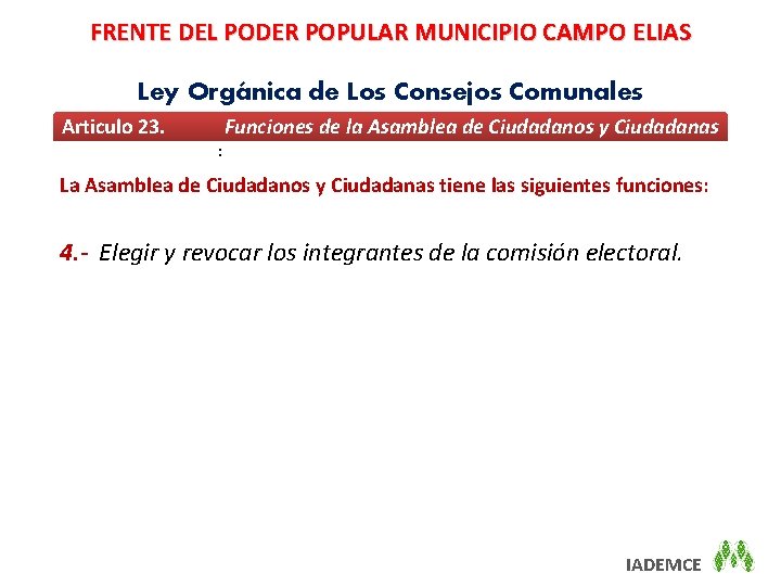 FRENTE DEL PODER POPULAR MUNICIPIO CAMPO ELIAS Ley Orgánica de Los Consejos Comunales Articulo
