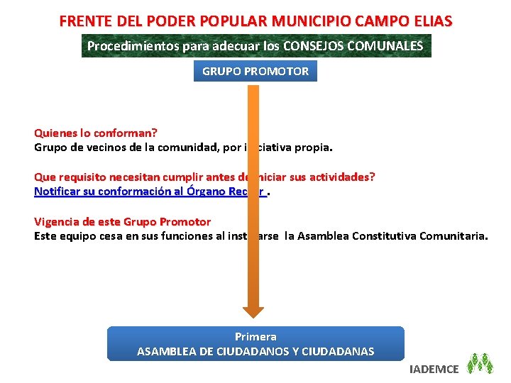 FRENTE DEL PODER POPULAR MUNICIPIO CAMPO ELIAS Procedimientos para adecuar los CONSEJOS COMUNALES GRUPO
