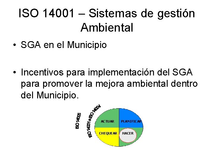 ISO 14001 – Sistemas de gestión Ambiental • SGA en el Municipio • Incentivos ISO 14001 – Sistemas de gestión Ambiental • SGA en el Municipio • Incentivos