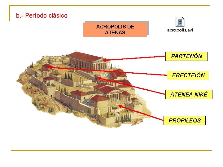 b. - Período clásico ACRÓPOLIS DE ATENAS PARTENÓN ERECTEIÓN ATENEA NIKÉ PROPILEOS 