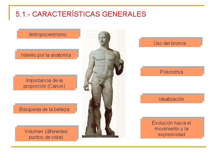 5. 1. - CARACTERÍSTICAS GENERALES Antropocentrismo Uso del bronce Interés por la anatomía Policromía