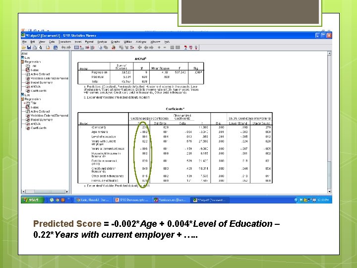 Predicted Score = -0. 002*Age + 0. 004*Level of Education – 0. 22*Years with