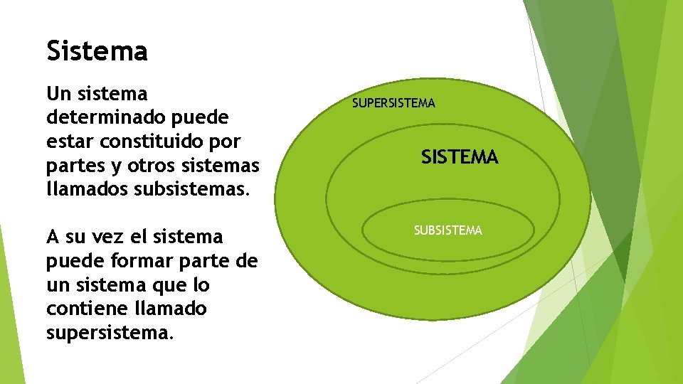 Sistema Un sistema determinado puede estar constituido por partes y otros sistemas llamados subsistemas.