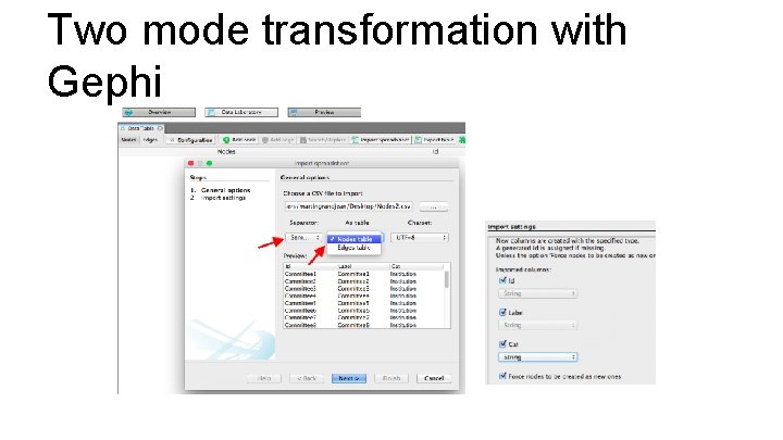 Two mode transformation with Gephi 