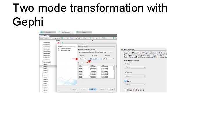 Two mode transformation with Gephi 