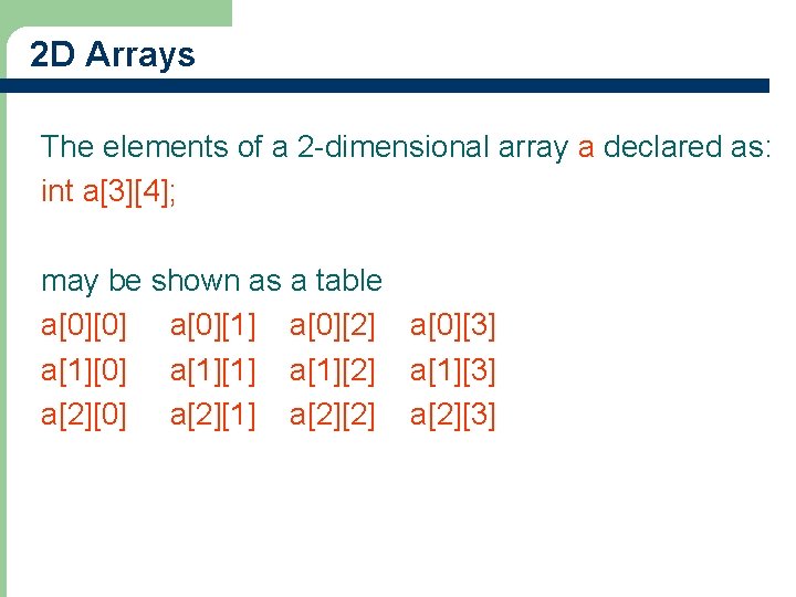 2 D Arrays The elements of a 2 -dimensional array a declared as: int