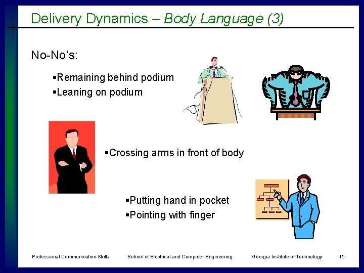 Delivery Dynamics – Body Language (3) No-No’s: §Remaining behind podium §Leaning on podium §Crossing