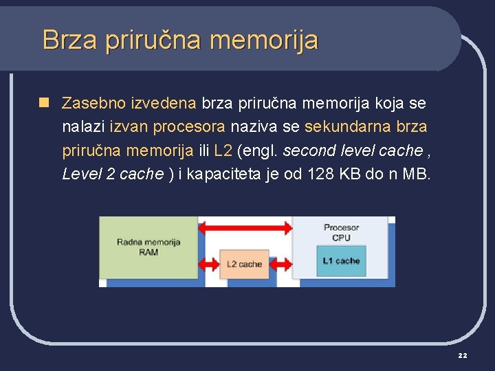 Brza priručna memorija n Zasebno izvedena brza priručna memorija koja se nalazi izvan procesora