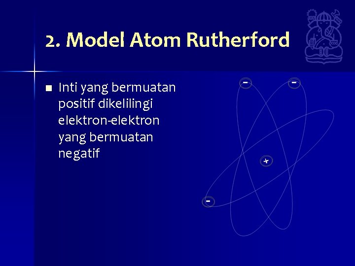 2. Model Atom Rutherford n Inti yang bermuatan positif dikelilingi elektron-elektron yang bermuatan negatif 2. Model Atom Rutherford n Inti yang bermuatan positif dikelilingi elektron-elektron yang bermuatan negatif