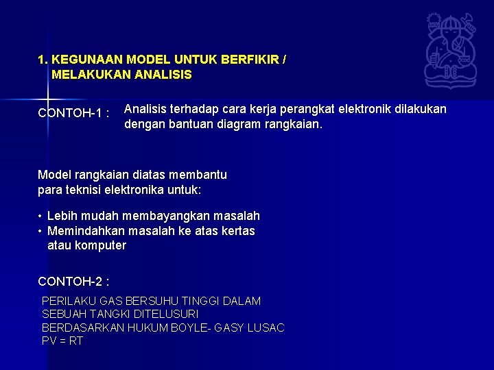 1. KEGUNAAN MODEL UNTUK BERFIKIR / MELAKUKAN ANALISIS CONTOH-1 : Analisis terhadap cara kerja 1. KEGUNAAN MODEL UNTUK BERFIKIR / MELAKUKAN ANALISIS CONTOH-1 : Analisis terhadap cara kerja