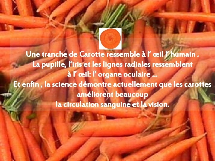 Une tranche de Carotte ressemble à l’ œil l’ humain. La pupille, l’iris et