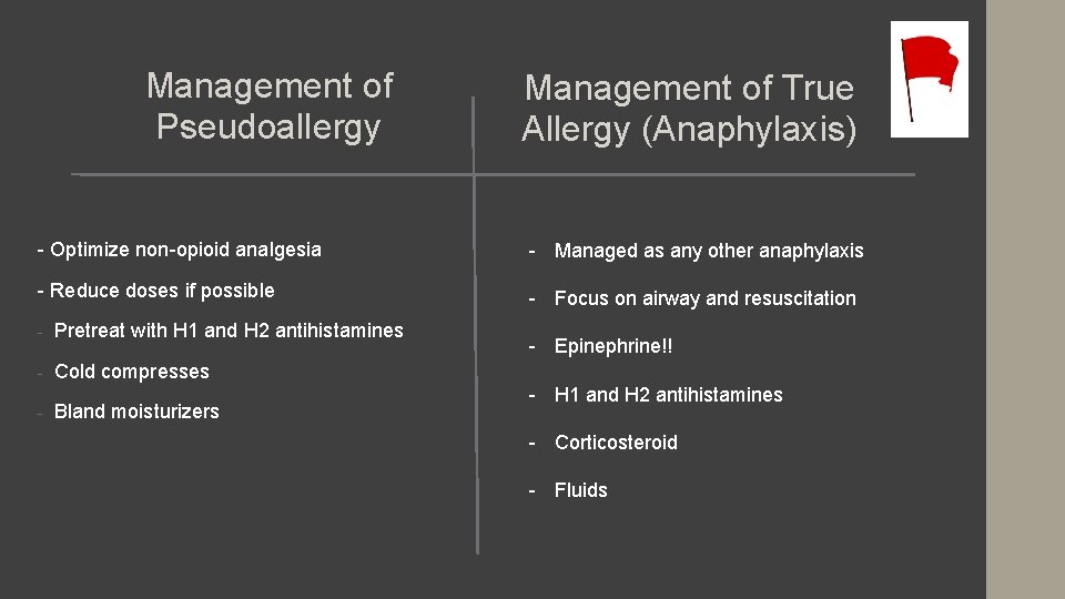 Management of Pseudoallergy Management of True Allergy (Anaphylaxis) - Optimize non-opioid analgesia - Managed