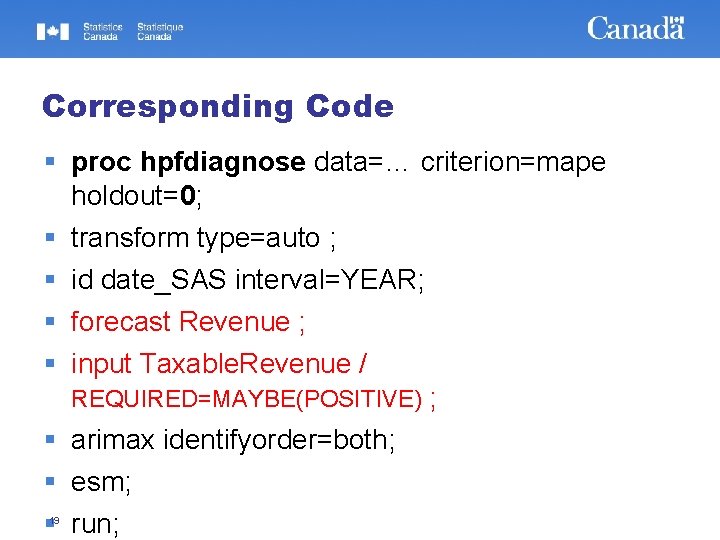 Corresponding Code proc hpfdiagnose data=… criterion=mape holdout=0; transform type=auto ; id date_SAS interval=YEAR; forecast