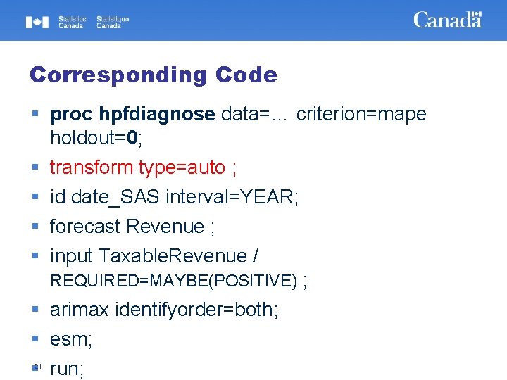 Corresponding Code proc hpfdiagnose data=… criterion=mape holdout=0; transform type=auto ; id date_SAS interval=YEAR; forecast