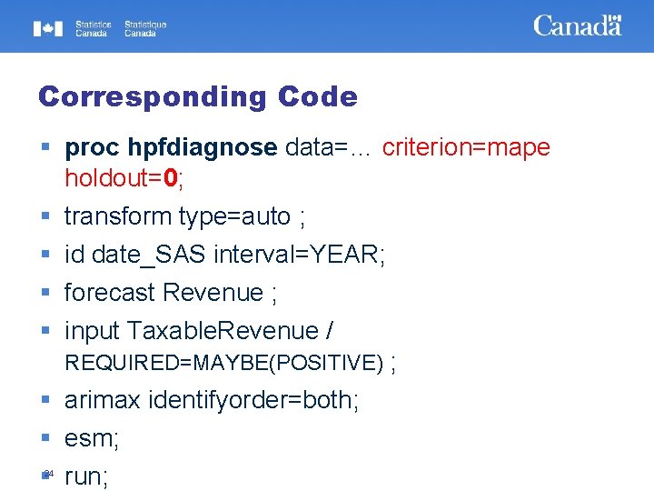 Corresponding Code proc hpfdiagnose data=… criterion=mape holdout=0; transform type=auto ; id date_SAS interval=YEAR; forecast