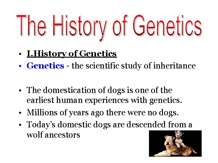  • I. History of Genetics • Genetics - the scientific study of inheritance